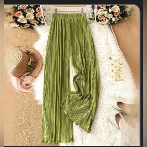 Omancia Solid Accordian Green Wide Leg Elastic Band Pants Sz XL - Picture 6 of 7